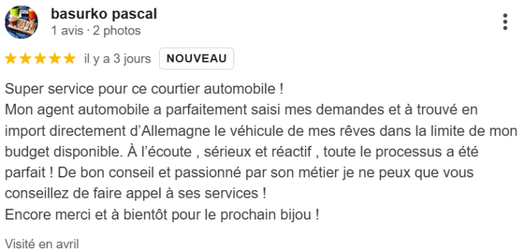 Un client à laisser un avis pour son importation de voiture des pays bas