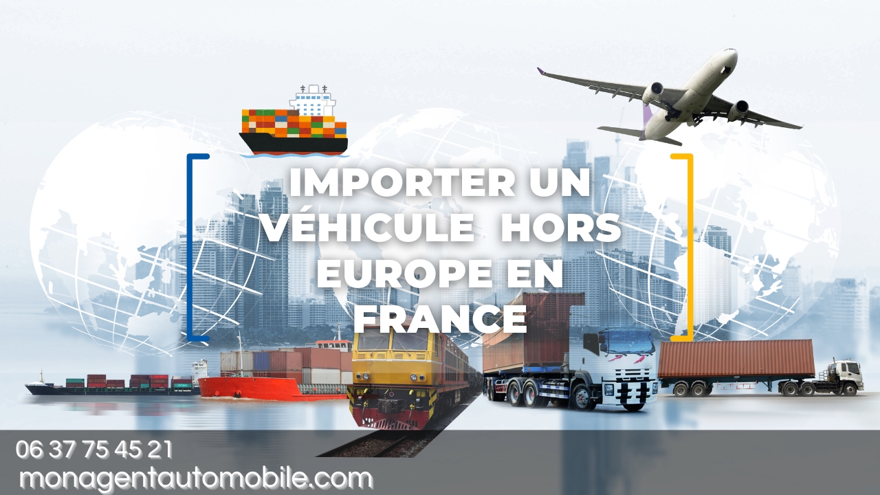 Illustration du transport de véhicules depuis l’étranger vers la France, incluant bateau cargo, avion, train et container maritime