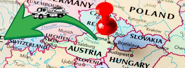 Carte du trajet d’importation d’une voiture d'Autriche vers la France