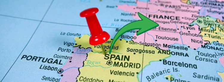 Carte illustrant le trajet d’importation d’une voiture depuis l’Espagne vers la France