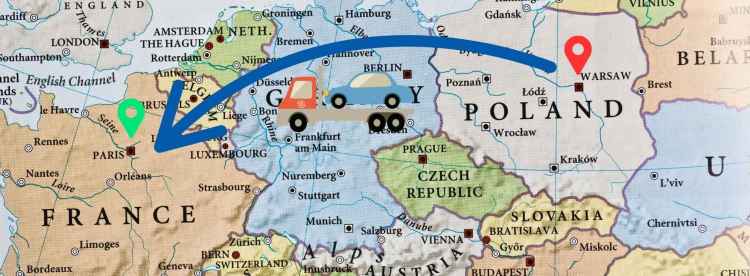 Carte montrant le trajet d’importation d’une voiture depuis la Pologne vers la France
